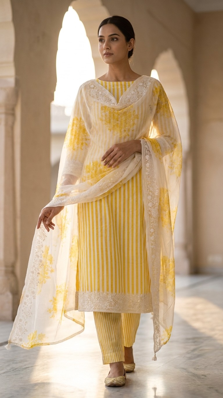 Yellow Striped Designer Suit Set with Floral Dupatta – Ethnic Wear