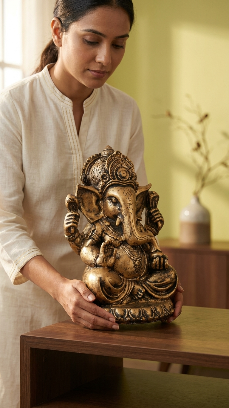 Handcrafted Brass Finish Ganesha Idol for Home Decor & Pooja – Made in India