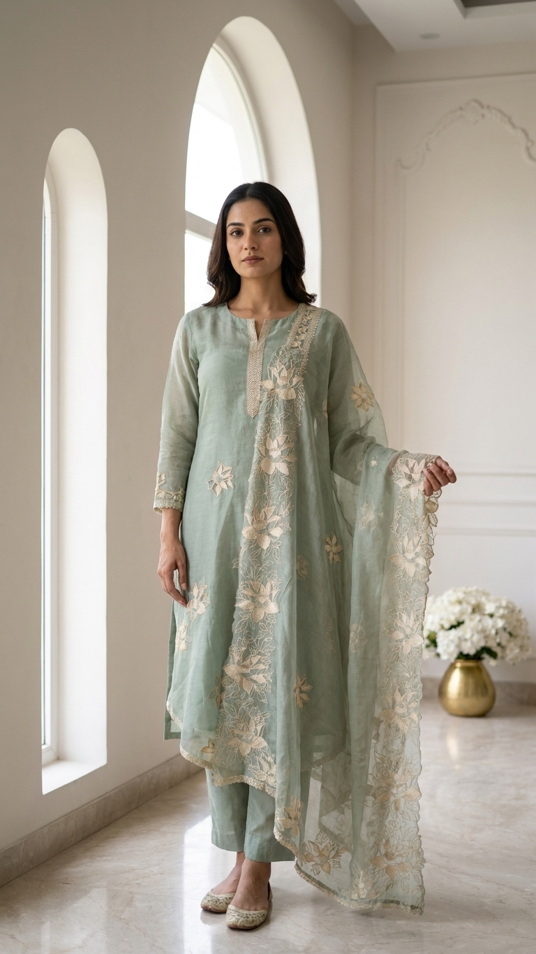 sage green embroidered kurta set
