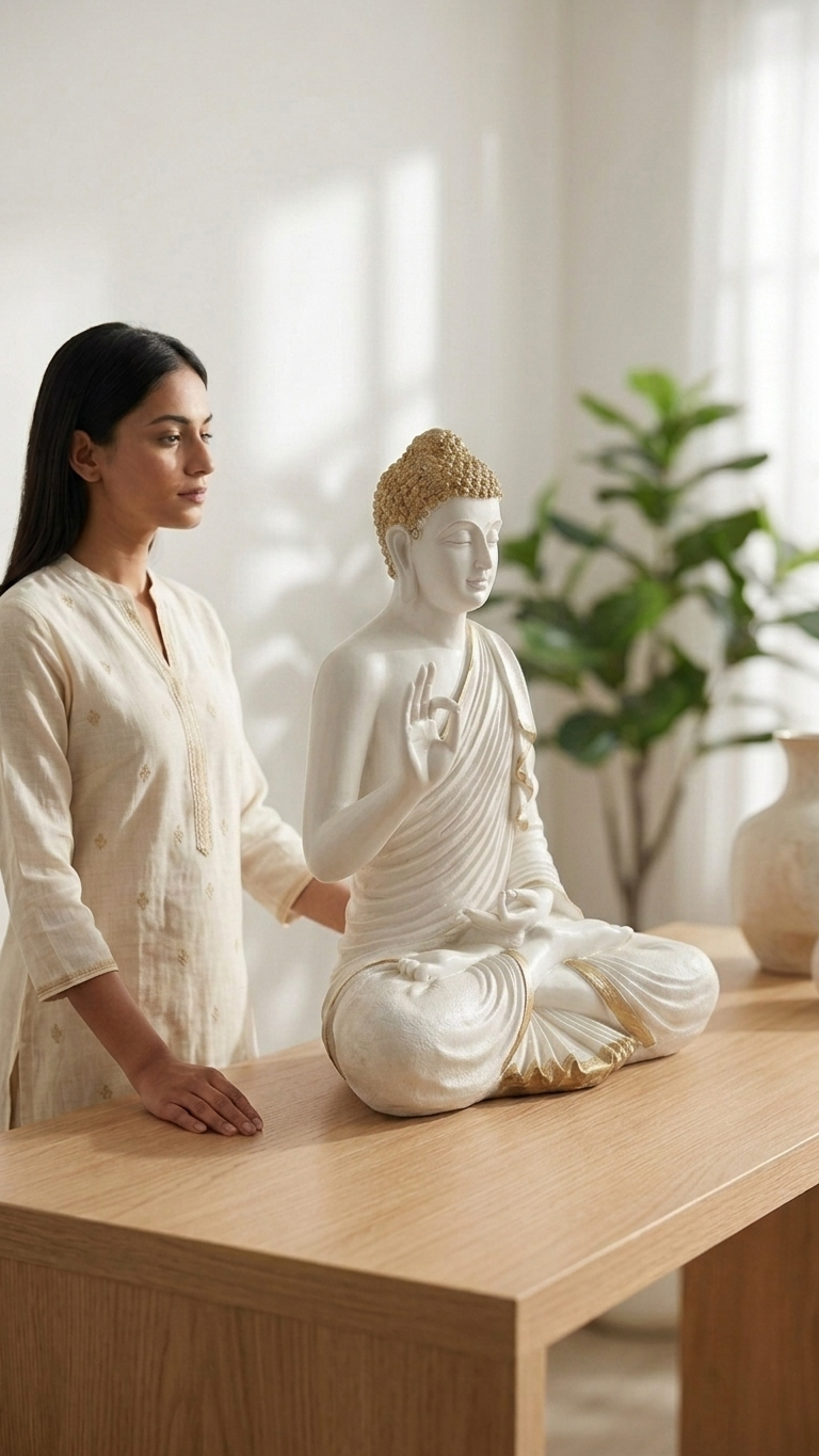 Handcrafted White Buddha Idol with Golden Accents – Premium Meditation Statue for Home Decor & Gifting