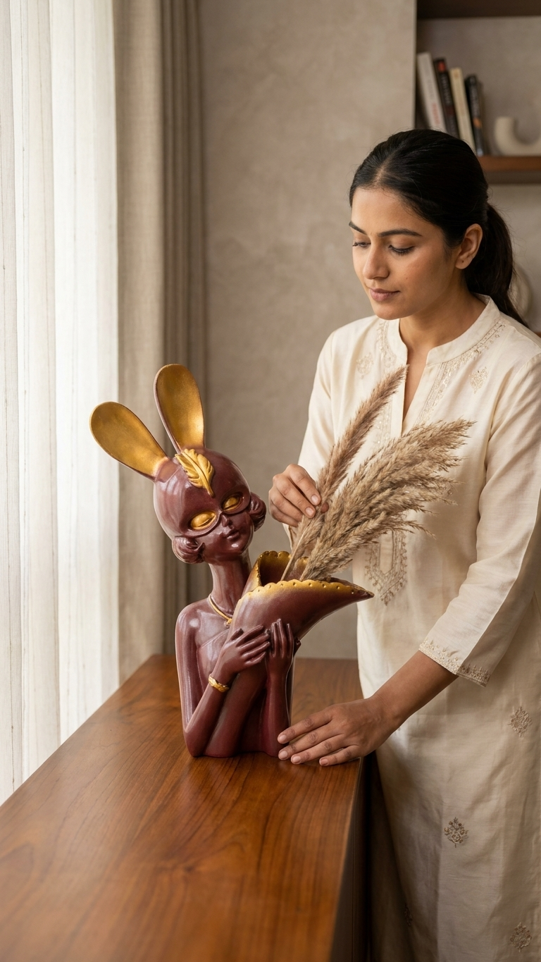 Luxury Bunny Lady Decorative Showpiece with Flower Vase | Premium Living Room & Table Decor