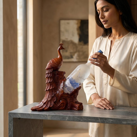 Peacock Holder with Wood Finish – Elegant Resin Decorative Organizer