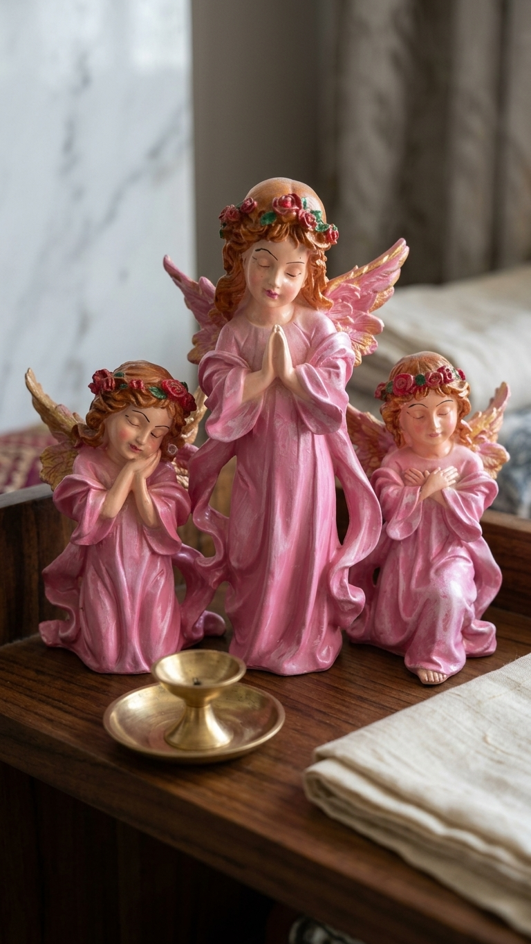 Pink Angel Blessings Showpiece Set of 3 – Premium Decorative Figurines for Home, Prayer Corner & Gifting