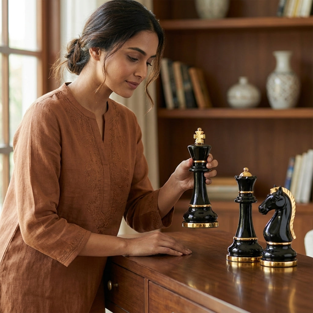 Luxury chess pieces decor set for home India – Premium King, Queen & Knight Figurine Décor for Home & Office