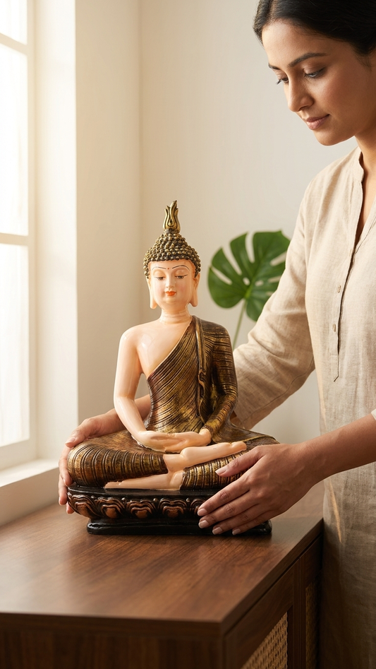 Handcrafted Meditating Buddha Idol for Home Decor – Premium Beige & Antique Gold Resin Statue | Made in India