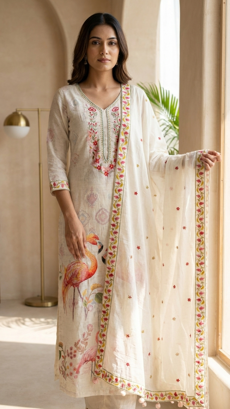 flamingo printed cotton suit set