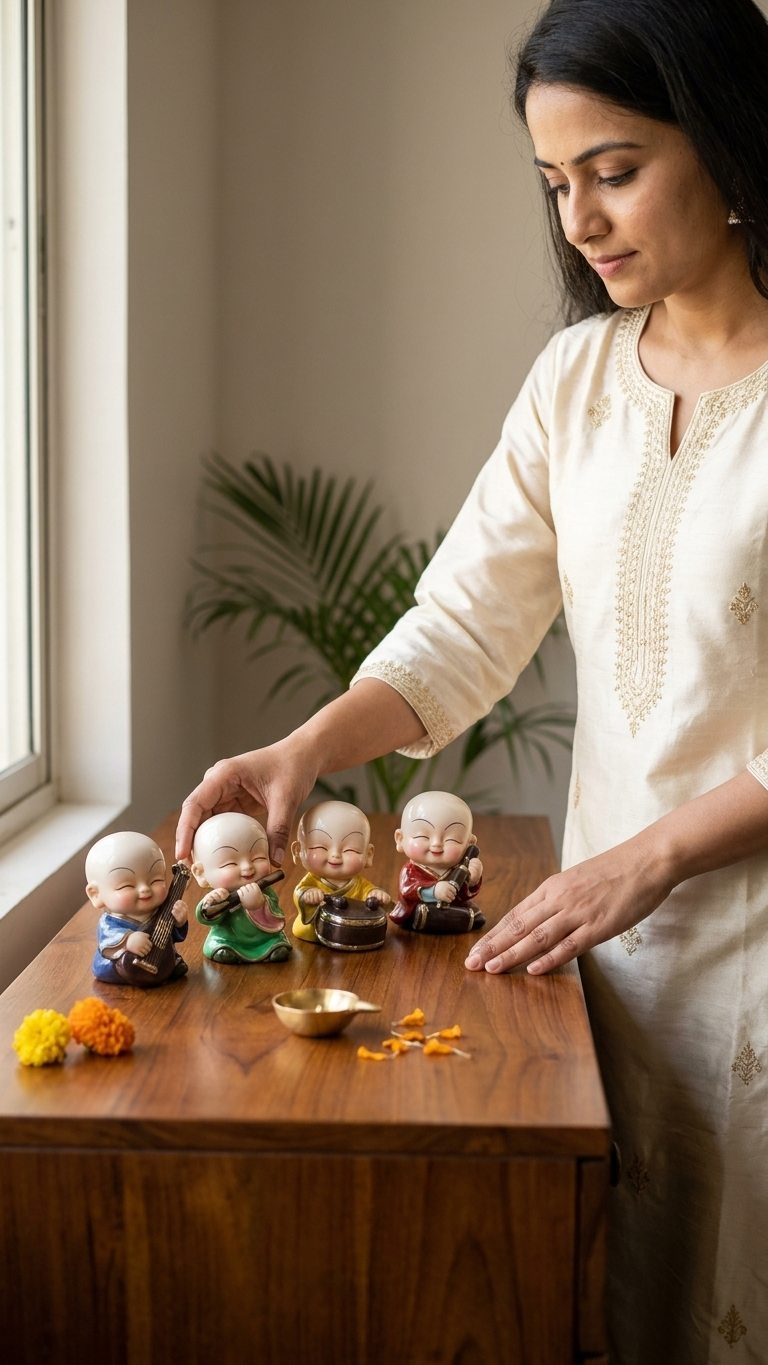 Smiling monk figurines set for home decor India – Colorful Buddhist Decorative Showpieces for Home & Office Decor
