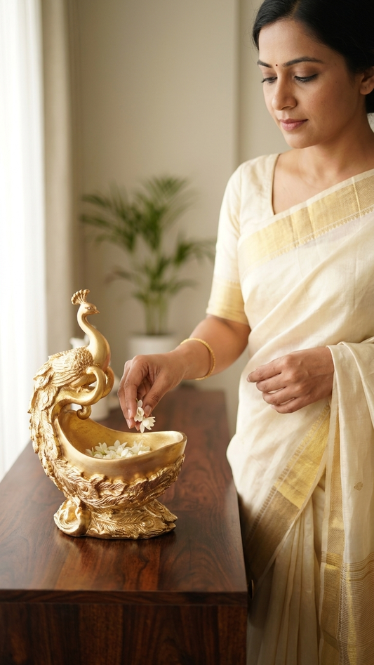 Handcrafted Brass Look Finish Peacock Bowl Showpiece Figurine