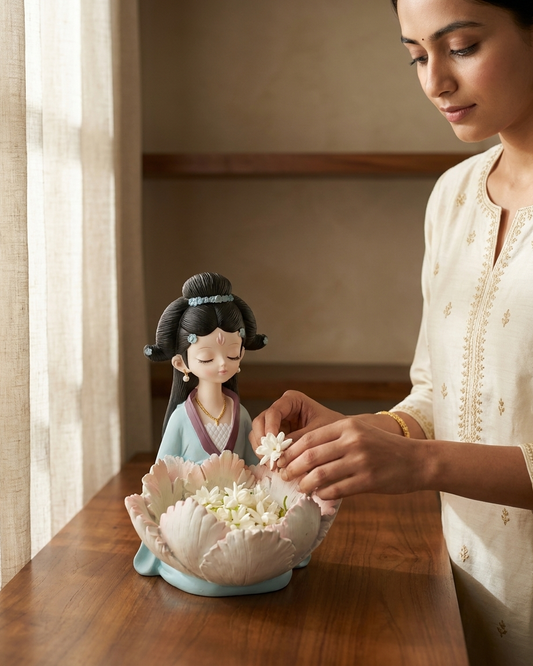 Handcrafted Floral Girl Showpiece with Lotus Bowl – Premium Decorative Accent for Home & Gifting