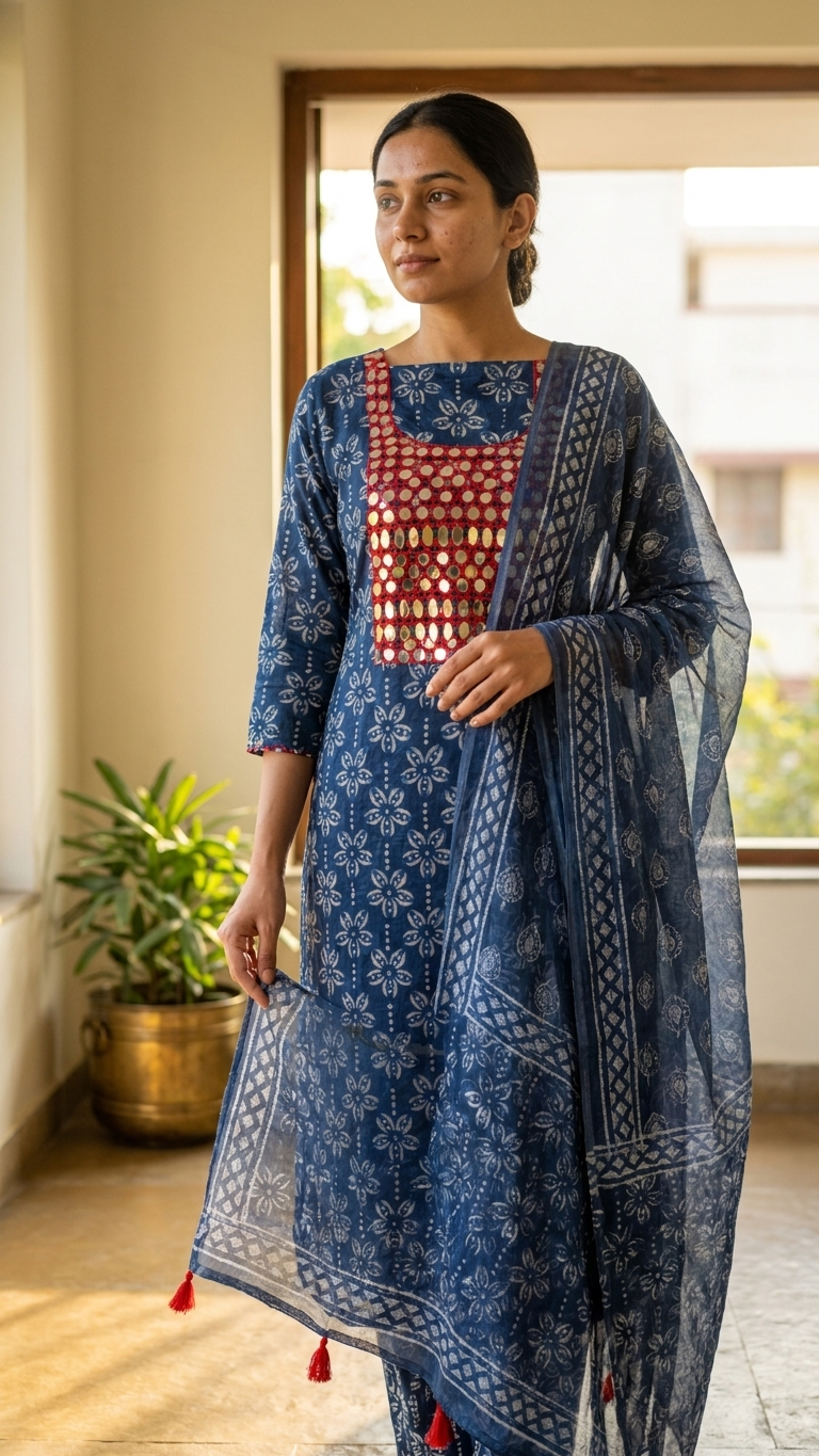 indigo printed unstitched suit set