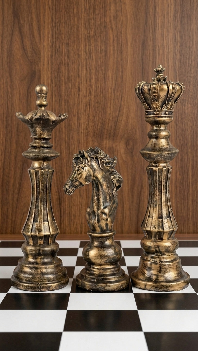 Handcrafted Chess Piece Sculpture Set – Premium King, Queen & Knight Decorative Showpiece