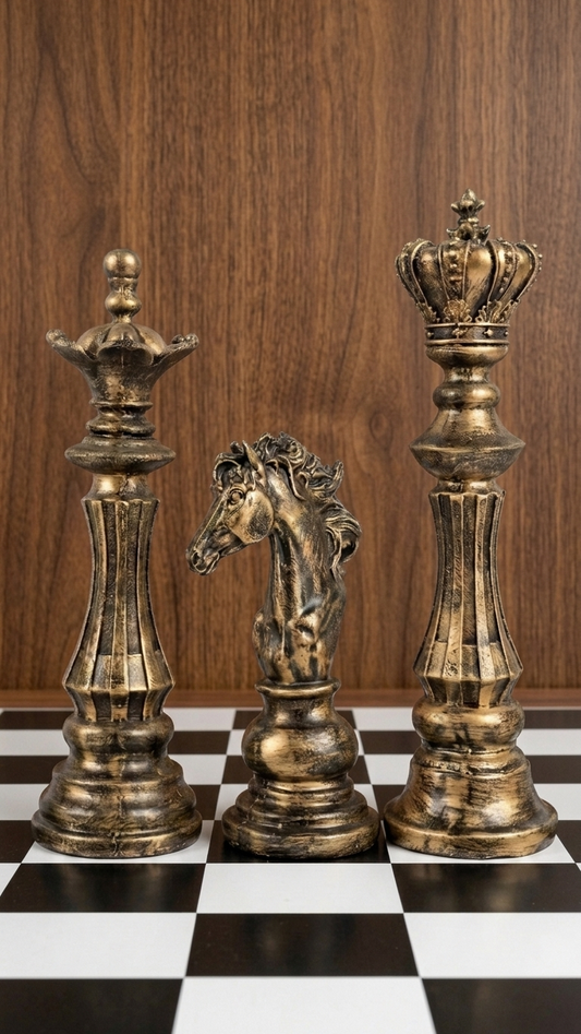 Handcrafted Chess Piece Sculpture Set – Premium King, Queen & Knight Decorative Showpiece