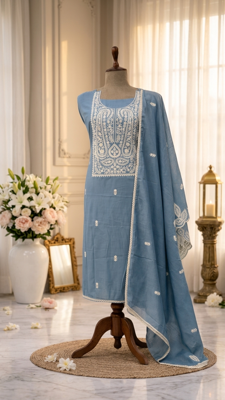 Powder Blue Embroidered Suit Set with Dupatta – Elegant Ethnic Wear