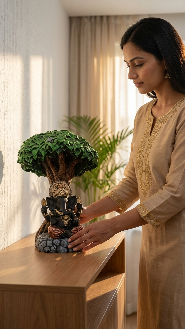 Handcrafted Ganesha Tree Showpiece – Premium Lord Ganesha Statue Under Sacred Tree for Home Decor & Gifting