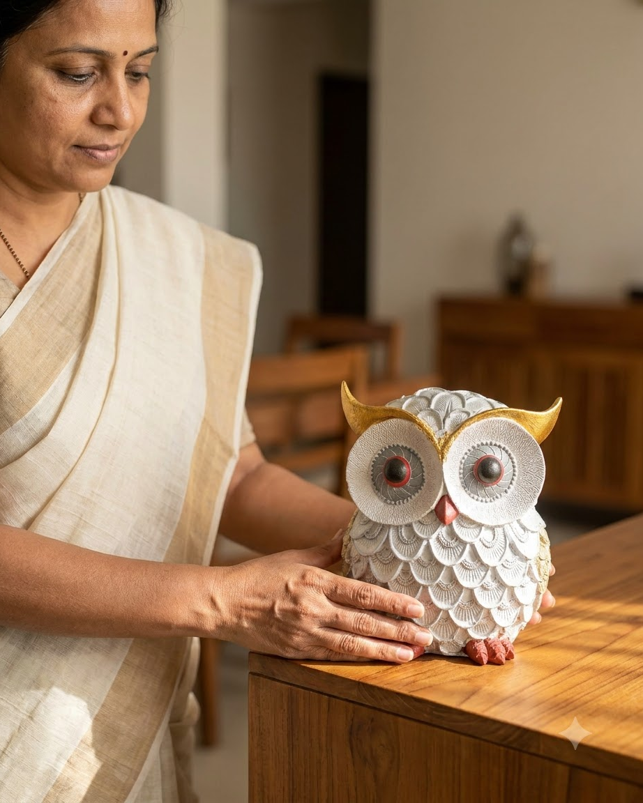 White Gold Owl Showpiece for Home Decor