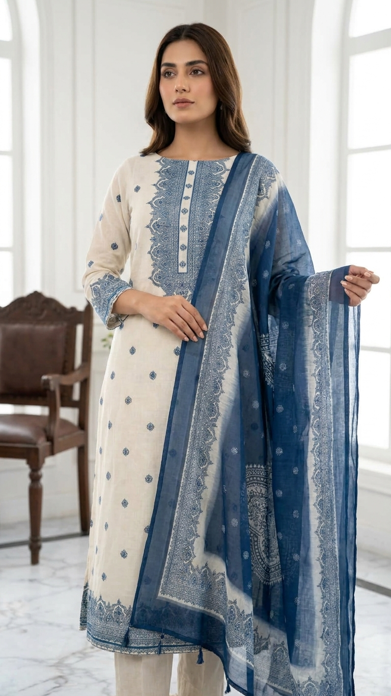Cream Blue Embroidered Suit Set with Dupatta –Ethnic Wear India