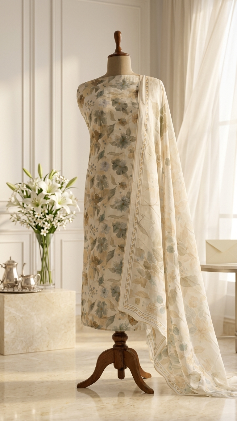 Sage Green Floral Suit Set with Dupatta – Pastel Ethnic Wear India