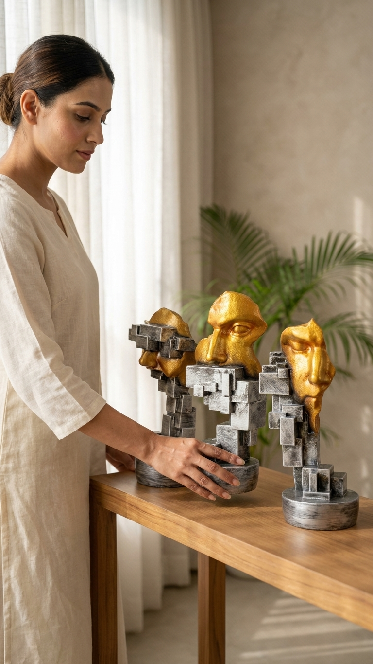 Handcrafted Abstract Face Sculpture Set of 3 – Modern Geometric Resin Art Showpiece for Home & Office Decor