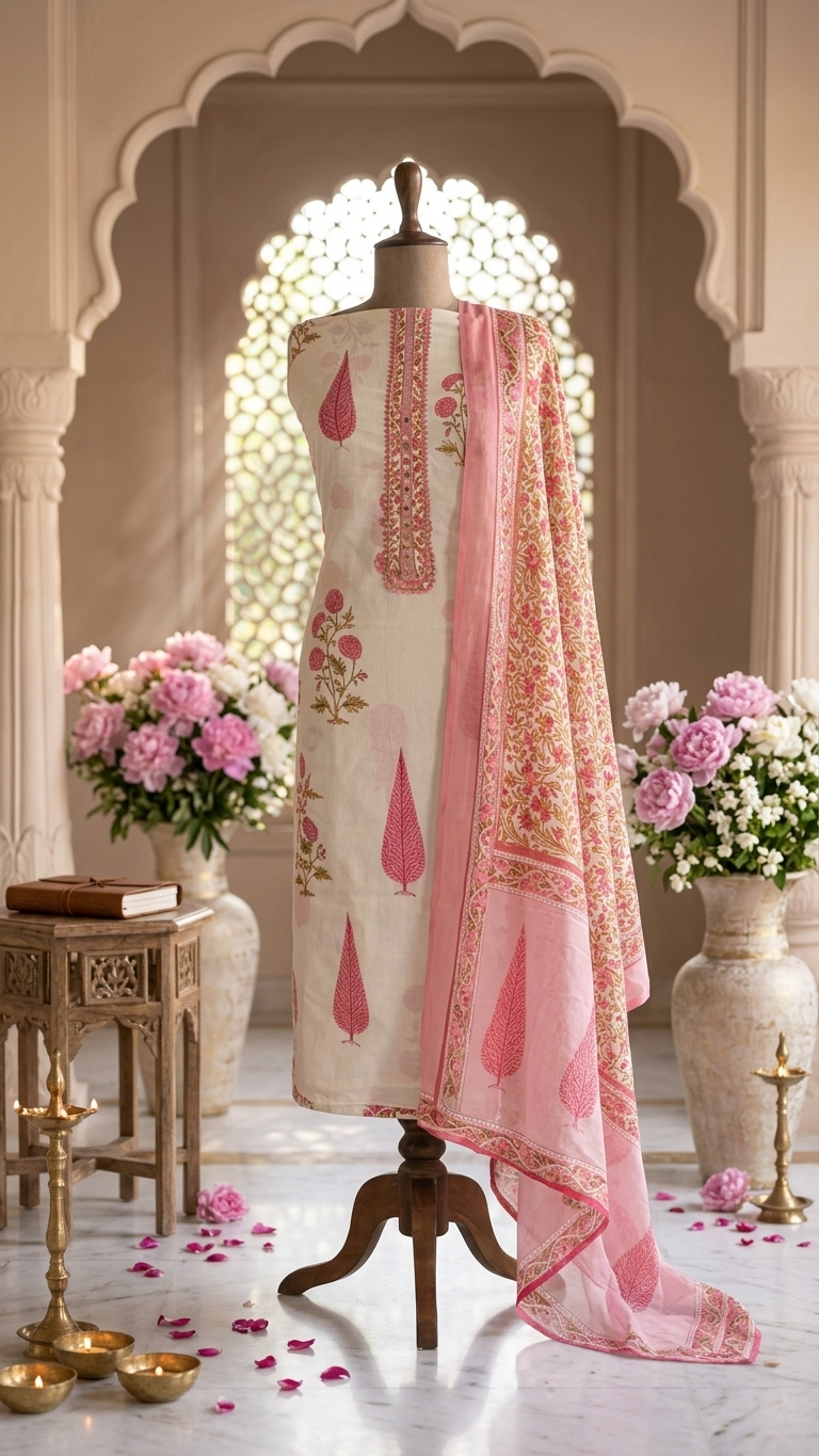 Cream and Pink Designer Suit Set with Dupatta – Elegant Ethnic Wear
