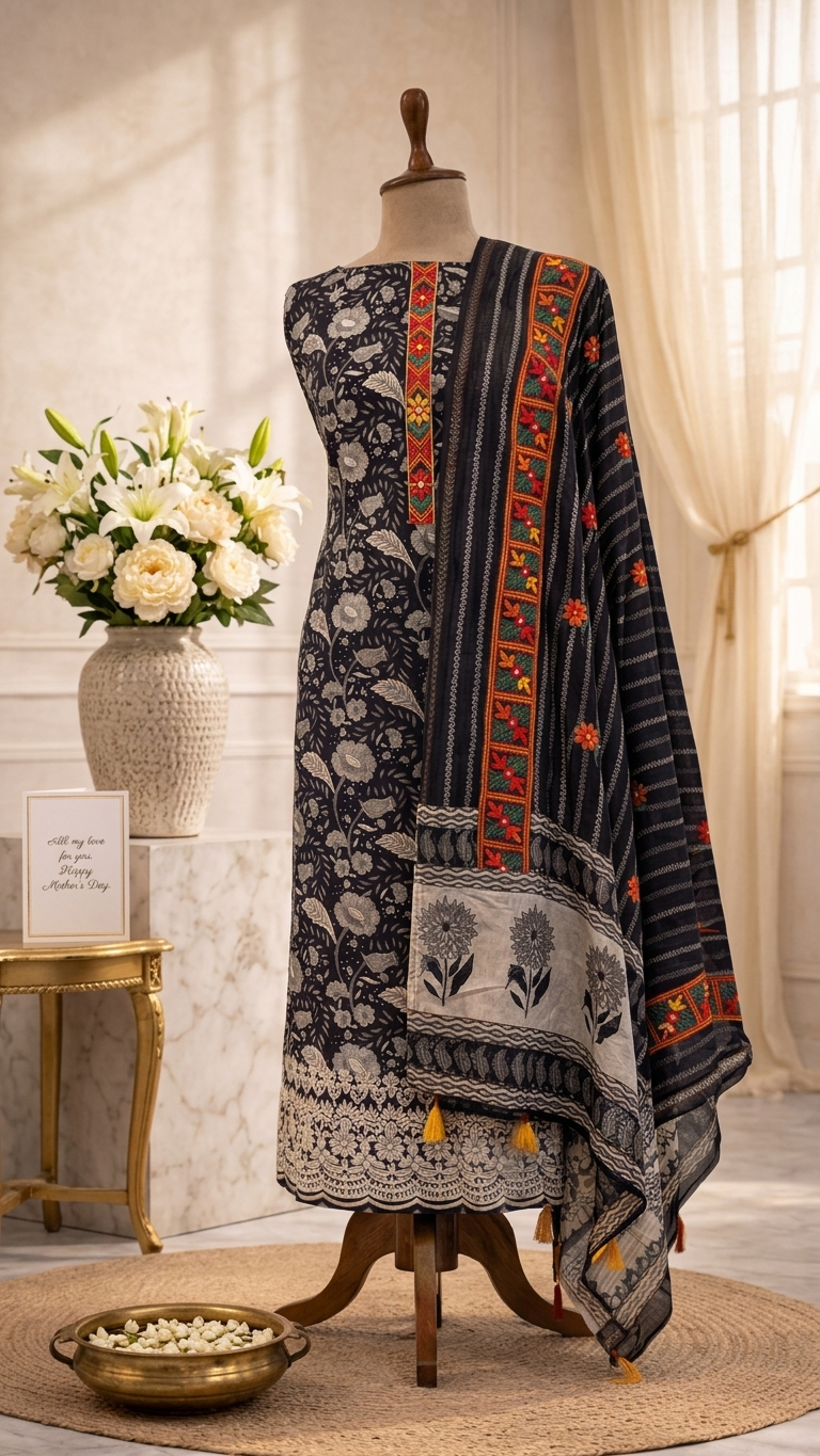 Black Floral Designer Suit Set with Embroidered Dupatta – Ethnic Wear