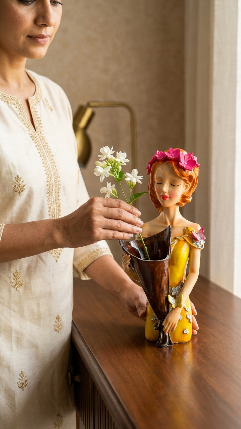 Handcrafted Lady Flower Vase Showpiece – Elegant Resin Girl Decor