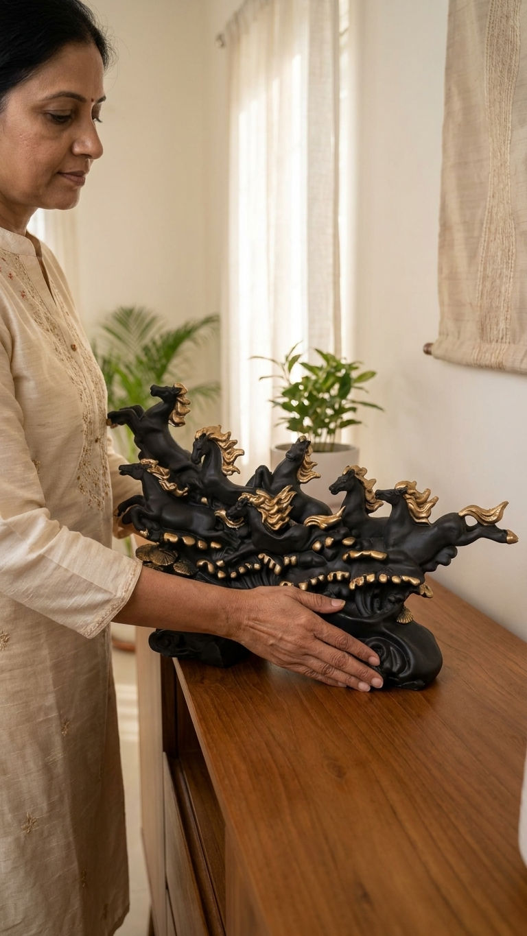 Handcrafted Seven Running Horses Showpiece – Premium Black & Gold Vastu Home Decor Sculpture
