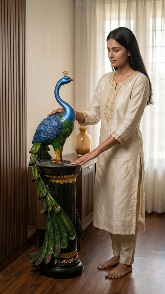 Handcrafted Peacock Floor Statue with Decorative Pedestal – Premium Home Décor Sculpture