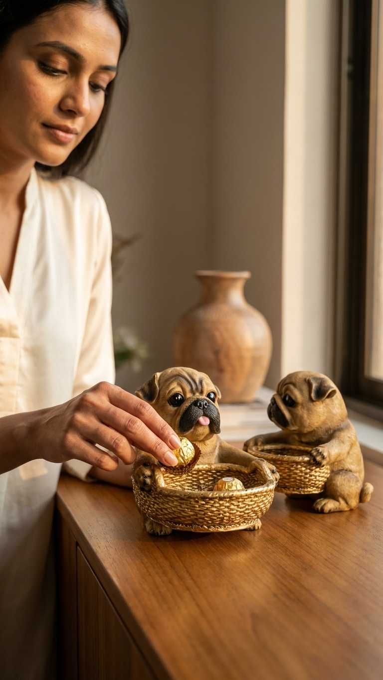 Pug dog showpiece with tray for home decor India – Decorative Animal Figurine Storage Tray for Home Table Decor
