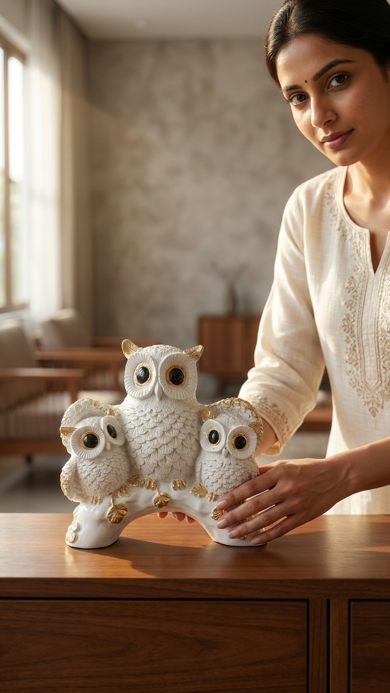 Handcrafted White Owl Family Showpiece with Gold Accents | Premium Made in India Home Decor