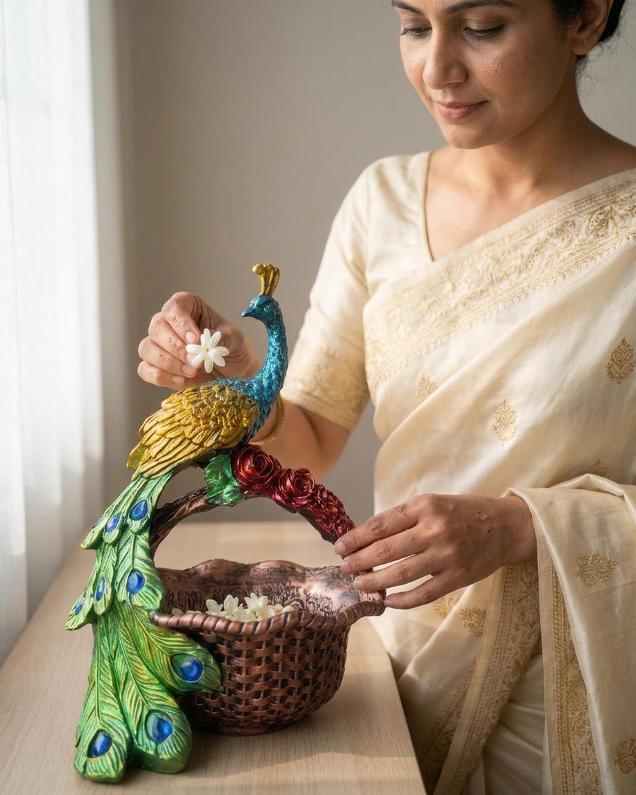 Handcrafted Royal Peacock Floral Basket Showpiece
