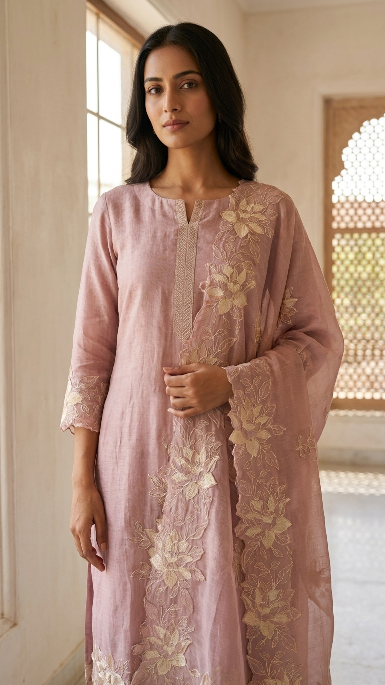 handcrafted floral embroidered kurta set