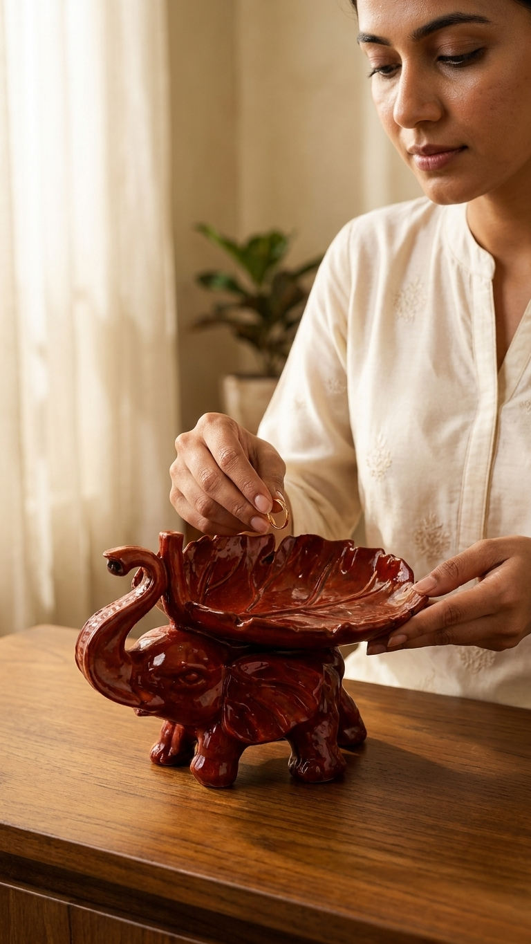 Handcrafted Elephant Leaf Bowl Showpiece – Red Glossy Ceramic Elephant