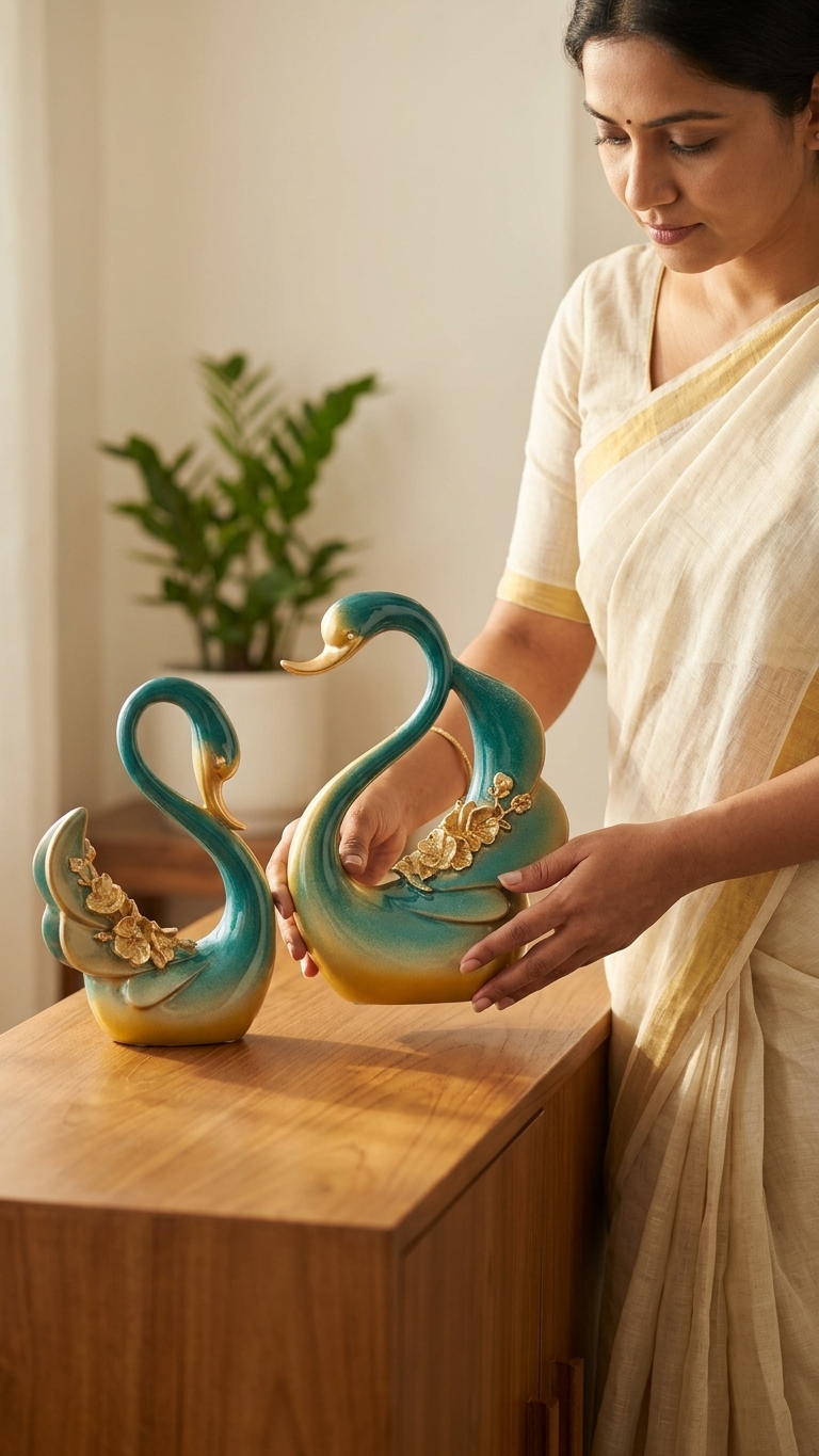 Handcrafted Teal Golden Swan Showpiece Set | Premium Resin Couple Sculpture