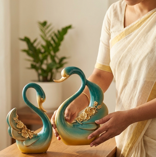 Handcrafted Teal Golden Swan Showpiece Set For Home