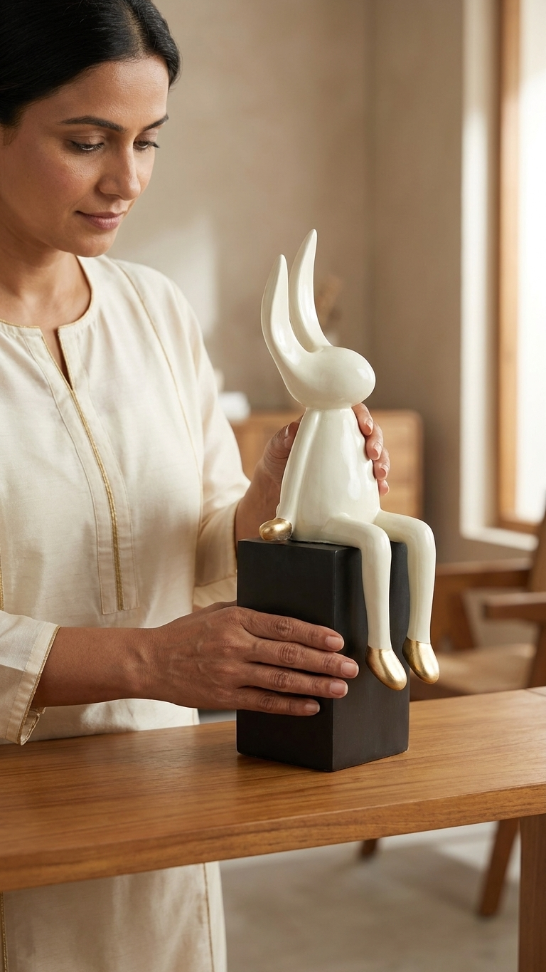 Handcrafted White Sitting Rabbit Showpiece with Golden Hanging Legs – Premium Modern Home Decor
