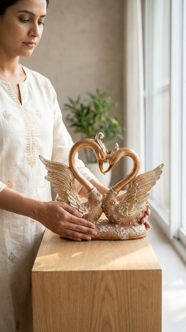 Handcrafted Golden Swan Couple Showpiece with Crystal Detailing – Premium Romantic Home Decor