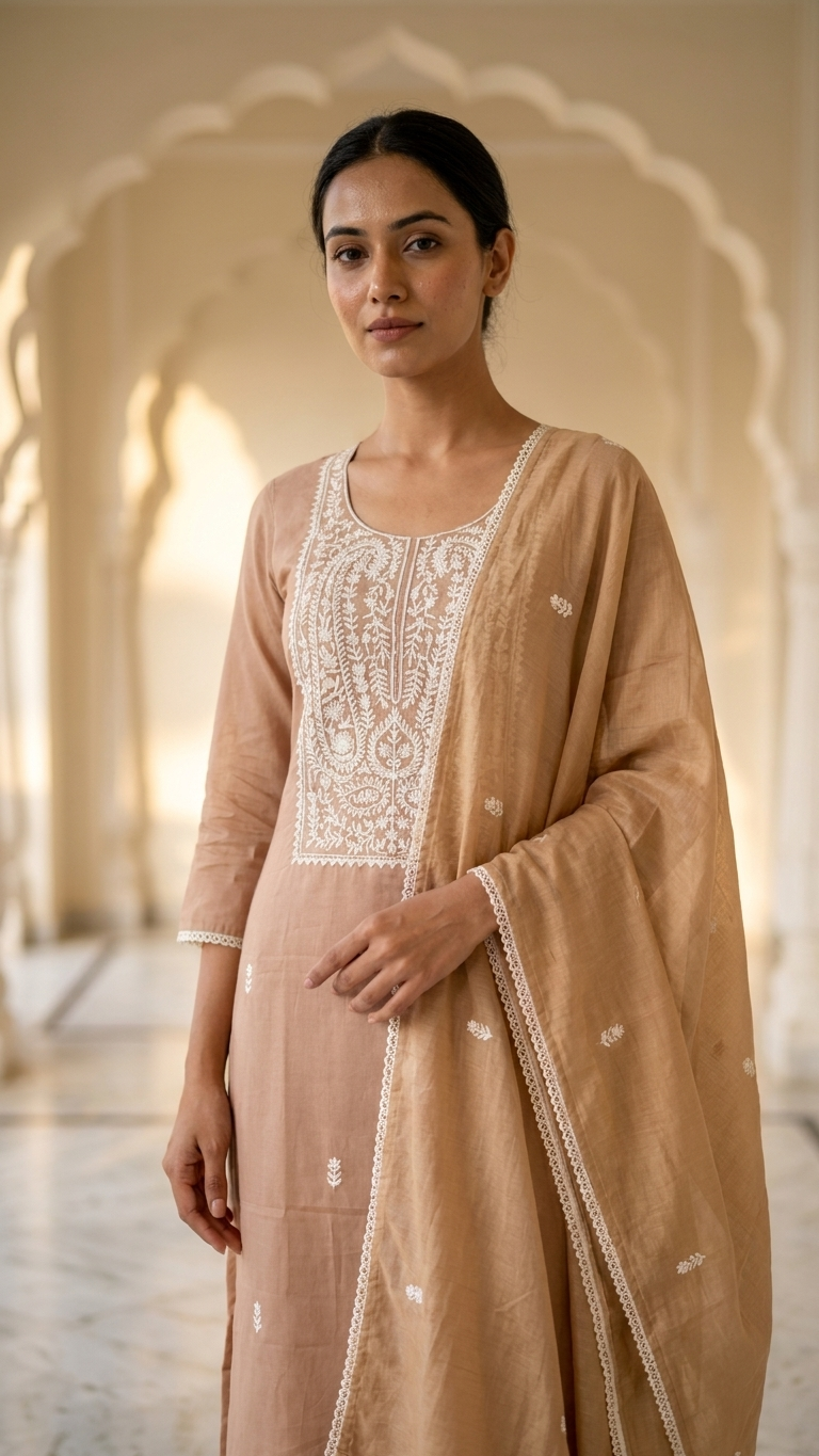 Beige Embroidered Designer Suit Set with Dupatta – Elegant Ethnic Wear