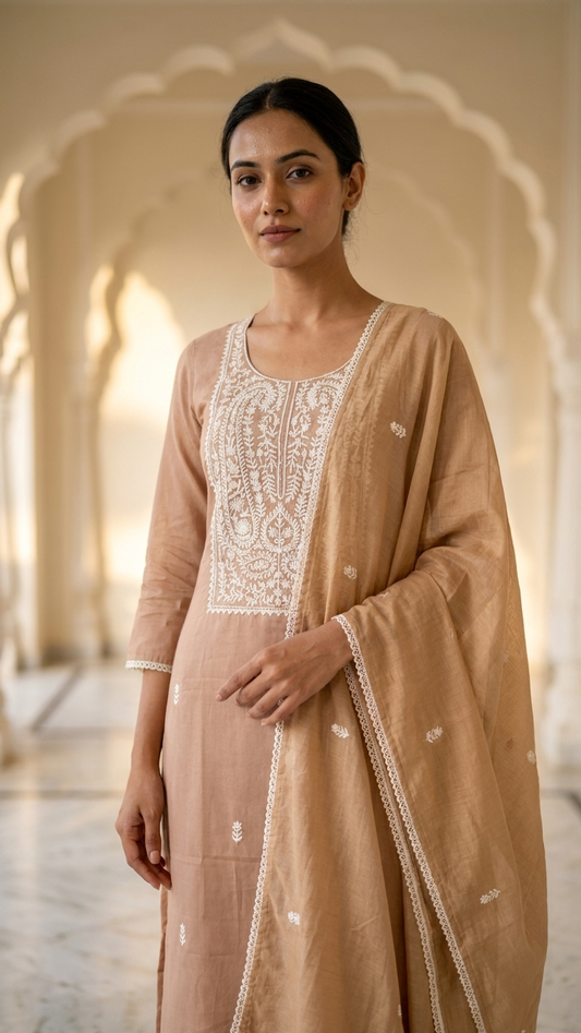 Beige Embroidered Designer Suit Set with Dupatta – Elegant Ethnic Wear