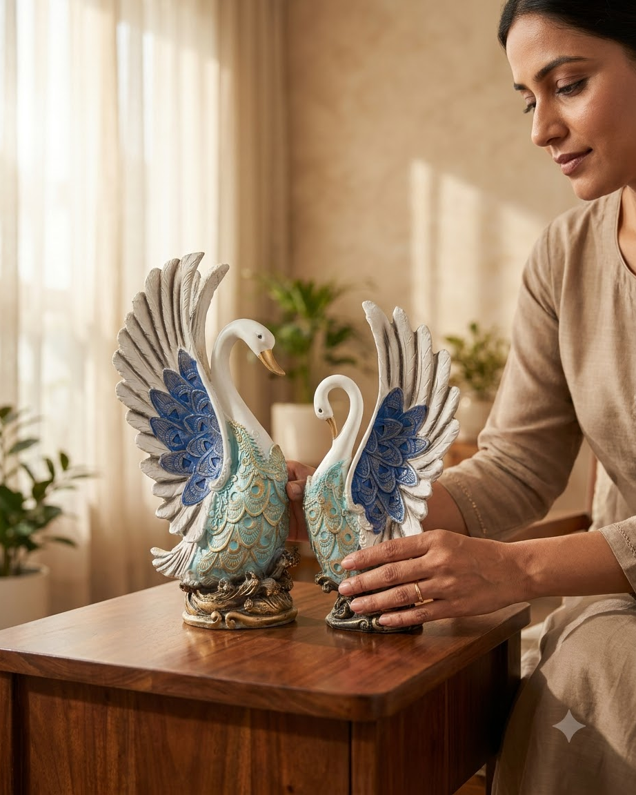 Blue and Gold Swan Couple Showpiece – Set of 2