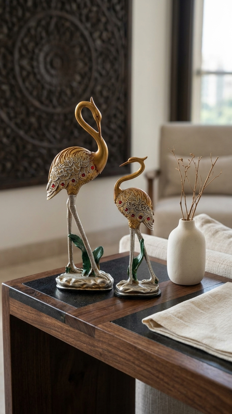 Handcrafted Crane Couple Showpiece – Premium Golden Bird Figurines for Luxury Home Décor & Gifting