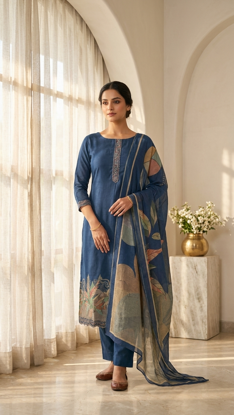 navy blue embroidered kurta set