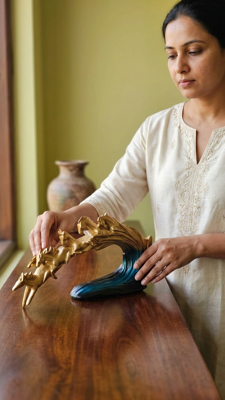 Handcrafted Golden Horse Wave Sculpture