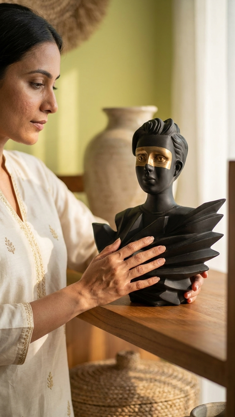 Handcrafted Abstract Black & Gold Face Sculpture Showpiece – Modern Artistic Decor