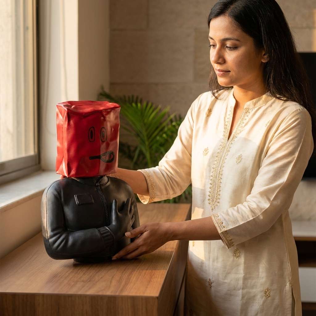 Red Bag Head Sculpture