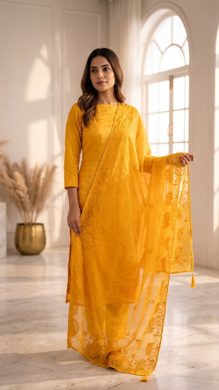 yellow embroidered unstitched suit set