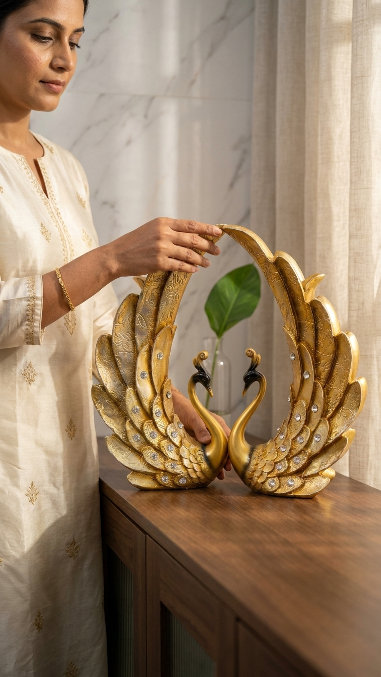 Handcrafted Crystal Wing Swan Couple Showpiece with Royal Feather Arch | Premium Resin Decor