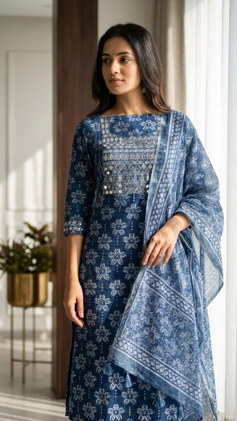 indigo mirror work unstitched suit set