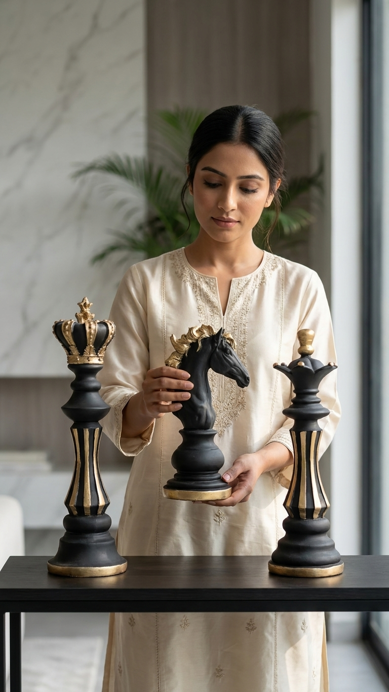 Handcrafted Chess Piece Sculpture Set – Premium King, Queen & Knight Decorative Showpiece