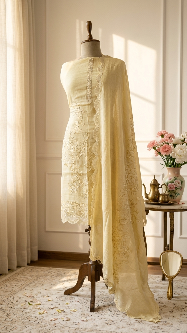 Yellow embroidered suit set with Dupatta – Summer Wear India