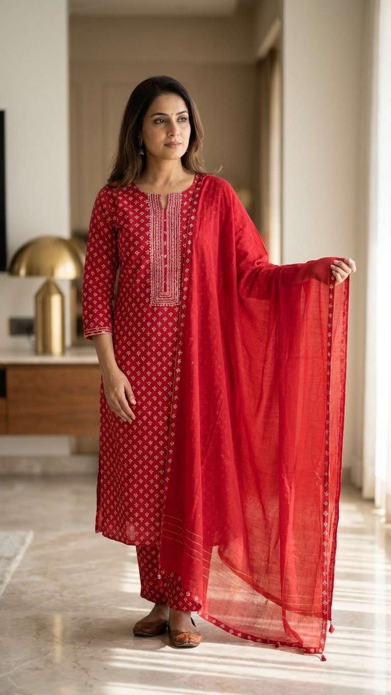 red cotton suit set with dupatta